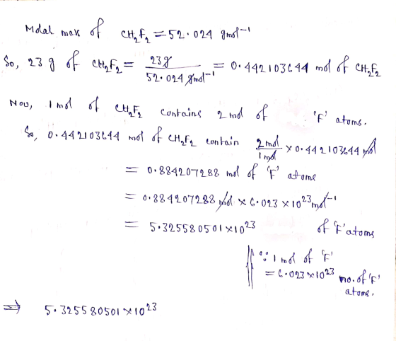 Mdal CH, F,=52.024 gm 23, 52.024nd 0. 442103044 mdf CH, So, 23 CH F atoms Nou Contains 0.4410344 ho CH,F on tain 2m - y o.