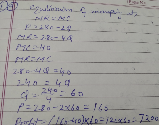 (Page No. De equilibruin of monopoly at MREMC 2 2 28o - 20 MK2 2 80— 44 Mc - 10 MK - МО 2go-u Q = 40 2 Чp 2 чау се - 24° — 60