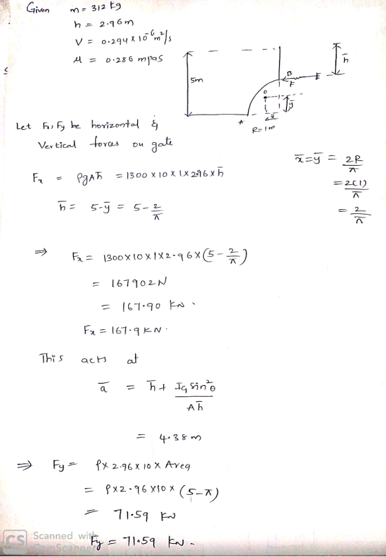 Given m = 312 kg h. 2.96m V = 0.294 X10 x 10 ml A = 0.280 mpas im O Let sł Reim Fa, Fy be horizontal & Vertical forces би gat