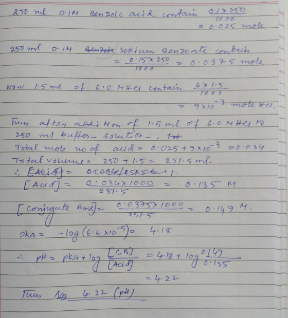 250 ml 0.1M Ben 2016 acid contain 0.1% 250 250 ml olM Bentote sodium Benzoate contain = 0.15x250 a 6.0375 mole Now 15 ml of 6