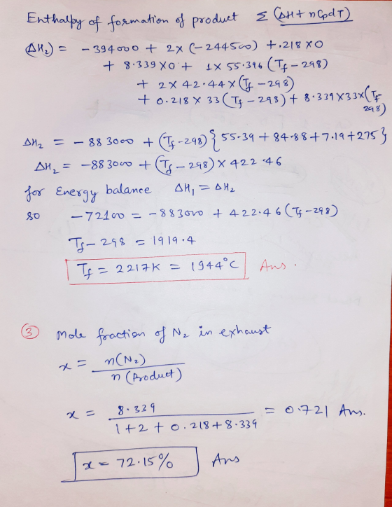 Enthalpy of formation of product & Conta (pdf) AH₂) = - 394 o o + 2x (- 244S) +,2|g xo + 8.339 X0 + 1x 55.396 (If - 298) + 2x