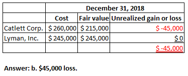 December 31, 2018 Cost Fair value Unrealized gain or loss Catlett Corp. $ 260,000 $ 215,000 $-45,000 Lyman, Inc. $ 245,000 $