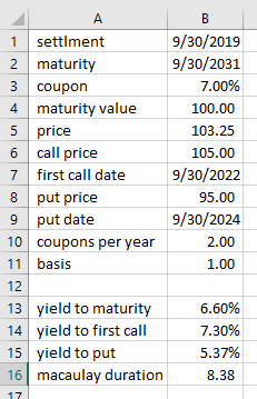 1 settlment 2 maturity 3 coupon 4 maturity value 5 price 6 call price 7 first call date 8 put price 9 put date 10 coupons per
