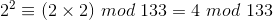 2^{2}\equiv (2\times2) \ mod\ 133=4 \ mod \ 133