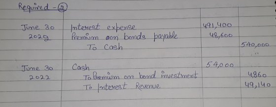 Required - June 30 2029 Interest Premium To expense son bonds Cash 491,400 48,600 payable 540,000 June 30 2022 54,000 Cash To