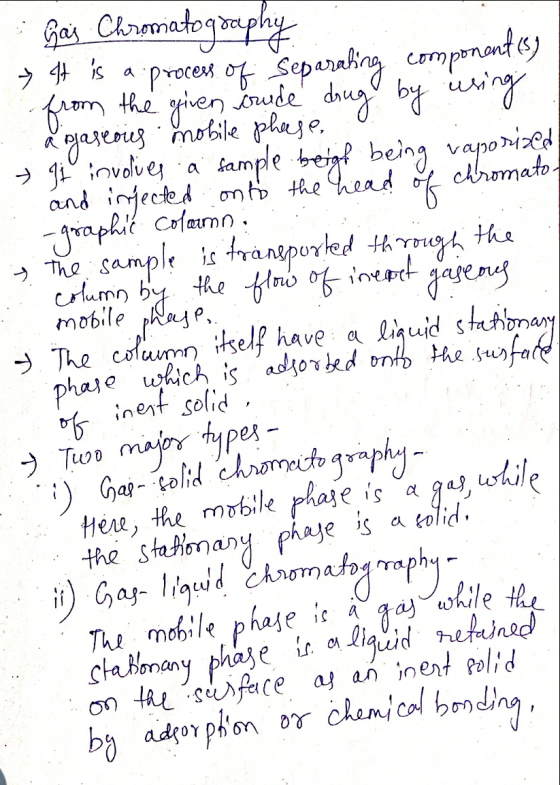 . Gas Chromatography → H is a process of separating componentes) from the given oude drug by wring a gaseous mobile phase o +