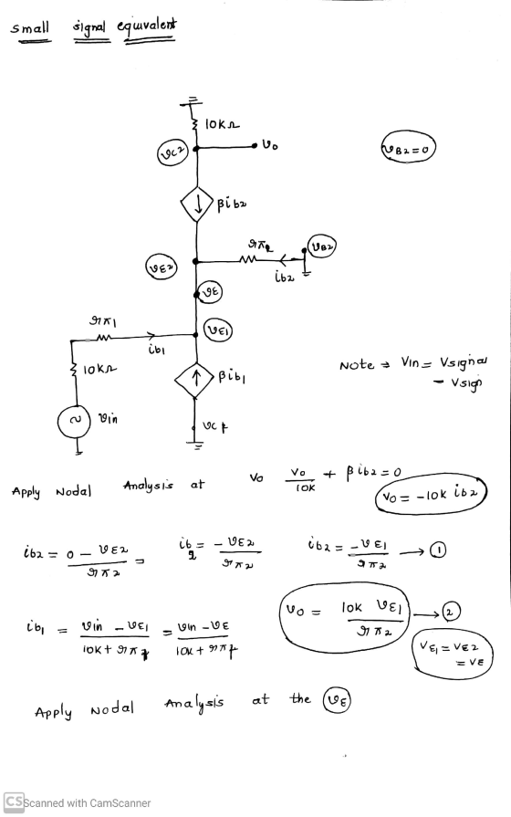 small signal equivalent Tok. vo Ucz) B2=0 Biba ra VOD w VED iba JOE 9іті VE) ibi TOK Note + VIN= Vsignal Bibi - V sign vin uc