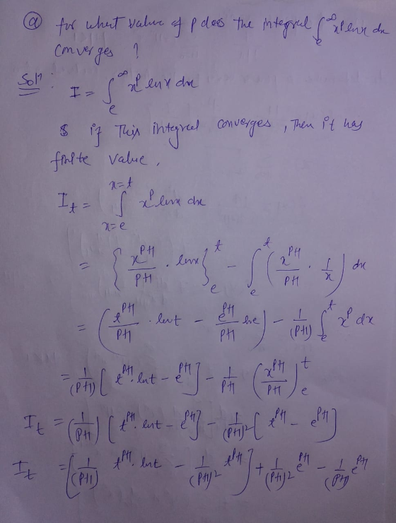 aleur du @ for what value of p does the integrul for Converges ? Sol I7 su ene da interrel converges , Then it was fiulte val