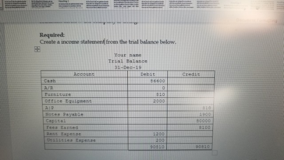 Required: Create a income statement from the trial balance below. Your name Trial Balance 31-Dec-19 Debit 6600 Credi 8101 200