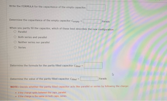 Write the FORMULA for the capacitance of the empty capacitor. Determine the capacitance of the empty capacitor Cempty Farads