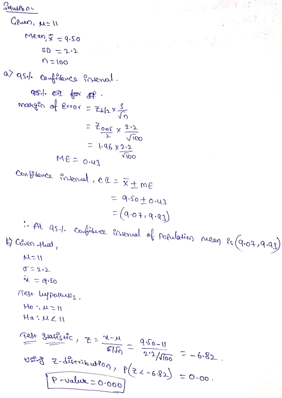 S I = Zoos x 2 ME=0.43 using z-distribution, Solutions Giuers, M=11 Mean, &=9.50 SD - 2.2 n=100 a> asol Confidence interval.