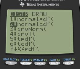 TEXAS INSTRUMENTS DSTR DRAW Hnormalpdf( 2normalcdf 3TinvNorm 4: invT 5: tPdf 6:tcdf 74X2Pdf STAT PLOT F1 TELSETF2 FORMAT F3 C