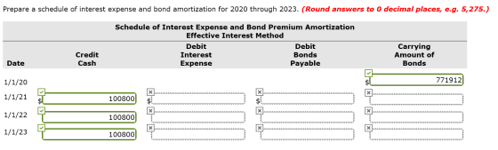 Prepare a schedule of interest expense and bond amortization for 2020 through 2023. (Round answers to O decimal places, e.g.