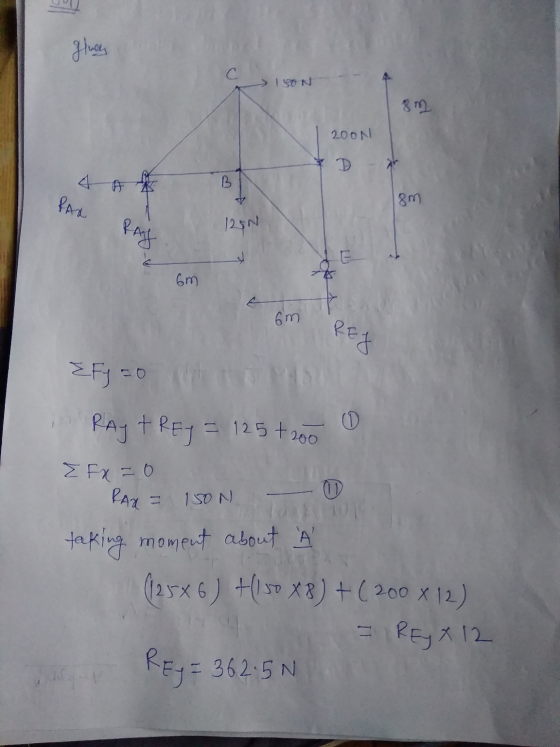 Ilus с 8 20ON & D B PAX 8m RAY 125N E 6m 6m REJ EFJ=0 RAY + Rey = 125 + 200 0 E Fx = 0 RARE 1 SDN taking moment about (12586)