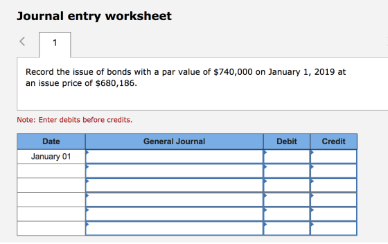 Journal entry worksheet Record the issue of bonds with a par value of $740,000 on January 1, 2019 at an issue price of $680,1