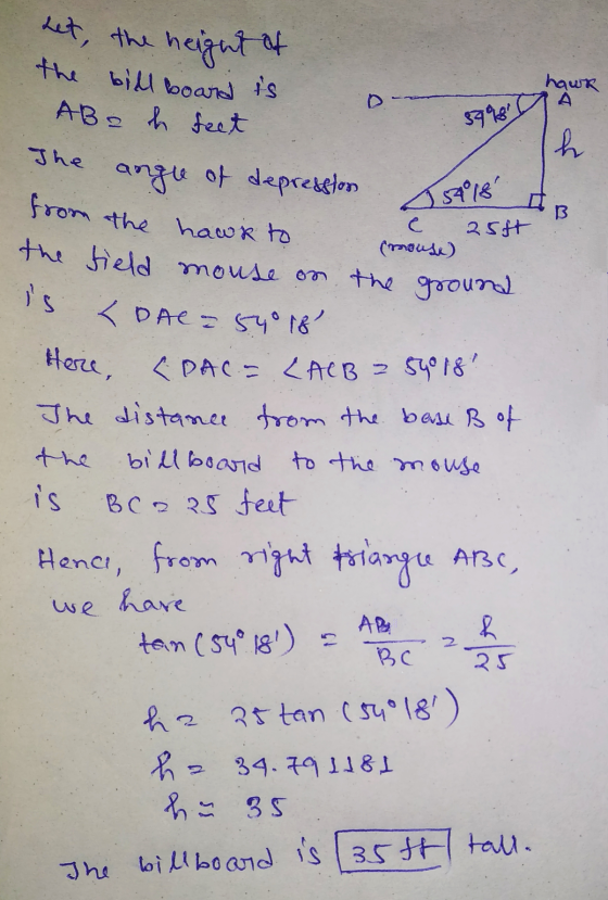 het, the the bill board is AB 2 h feet height of hawr А 5998 h The angle of depresston 54°18 2544 (mouse) B from the hawk to