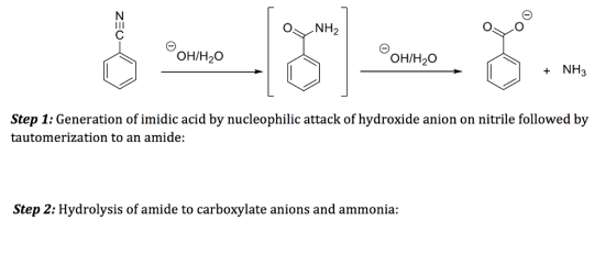 OH/H20 OH/H20 + NH3 Step 1: Generation of imidic acid by nucleophilic attack of hydroxide anion on nitrile followed by tautomerization to an amide: Step 2: Hydrolysis of amideto arbylate aons and ammonia Step 2: Hydrolysis of amide to carboxylate anions and ammonia