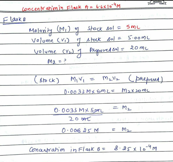 concentranm in Flask A = 6.6x10-4M SL formada Flask B Molosity (M1) of stock sol = 5ml volume (VD of stock sol = 5.oome volu