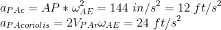 \\ a_{PAc}=AP*\omega_{AE}^2=144\ in/s^2=12\ ft/s^2 \\ a_{PAcoriolis}=2V_{PAr}\omega_{AE}= 24\ ft/s^2