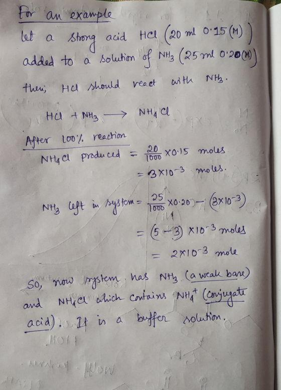 for an example are let a strong acid Hel (20 ml 0·15 (M) ) added to a solution of NH3 (25 ml 0.26 (M)) then; He should react