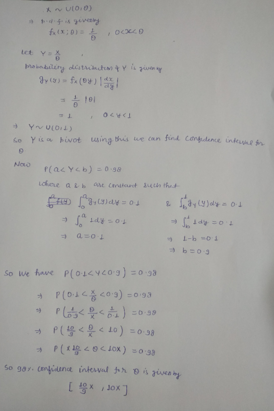 히이 So Yis ce wot using e can find Contidence interval for Nouw dY a. So we hawe P(01<yco.g) =0.98