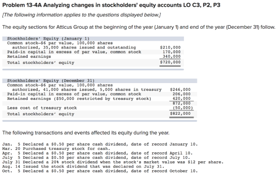 Problem 13-4A Analyzing changes in stockholders equity accounts LO C3, P2, P3 (The following information applies to the ques