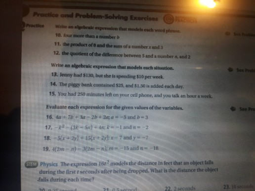 Precle and Problem Solving berdes Practice When eale expression that models each word phrase 10. four more than a number 11.