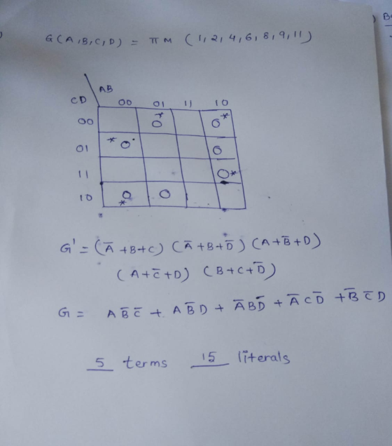 GCAIB,C,D) = TM (112, 4, 6, 8, 9, 11) 00 01 oro G = CĂ +B+C) CÃ +B+0) (A + B +D) (A+CtD) (B+C+D) G= ABCT. ABD + ĀBD +Ā co TB