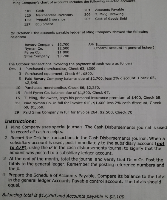 Ming Companys chart of accounts includes the following selected accounts. 101 120 130 157 Cash Merchandise Inventory Prepaid