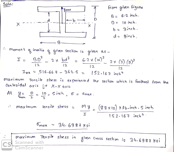 Soln: from given figure Ymax B = 6.2 inch. D Da X x 10 inch. 3inch. b = d= ginch. B Moment 3 I 2 x 12 Ixx of inestia q given