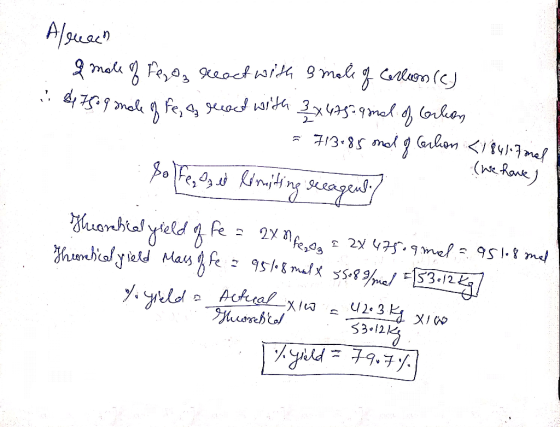 Alreach & mole of Feroz react with smole of Colonies . &7509 male offer og react with 3x47529nal of Gilean = 713-85 mol of Co