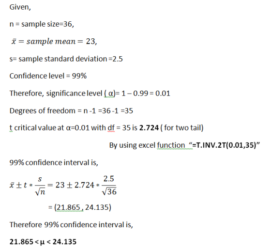 Given, n = sample size=36, x = sample mean = 23, s= sample standard deviation=2.5 Confidence level = 99% Therefore, significa