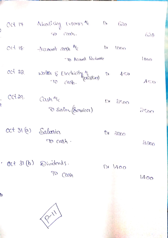 Oct 17 Do 620 Advertising expenses Me 40 cash 620 - Oct 18 Normant cash l br 1000 0 Account Recriate Oct 82. hurthy & Electri