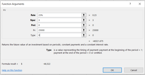 Function Arguments X FV Rate 23% 0.23 Nper 3 Pmt 0 0 Pv 25000 25000 Туре d -46521.675 Returns the future value of an investme