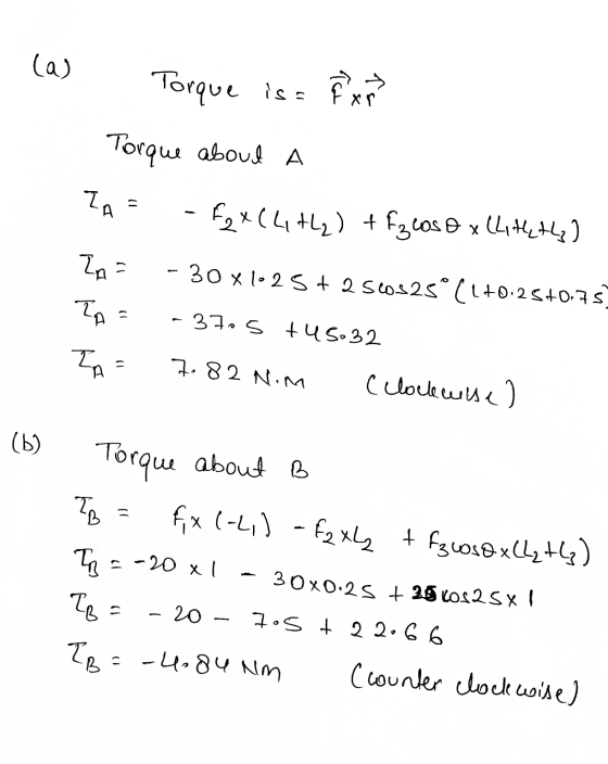 (a) Torque is on Torque about A Z - A Fax (4th2) + Fzcaso x (Liththa) Ina TA - 30x1025 + 2 scos25°(1+0.25+0.75 - 37.5 tus: 32