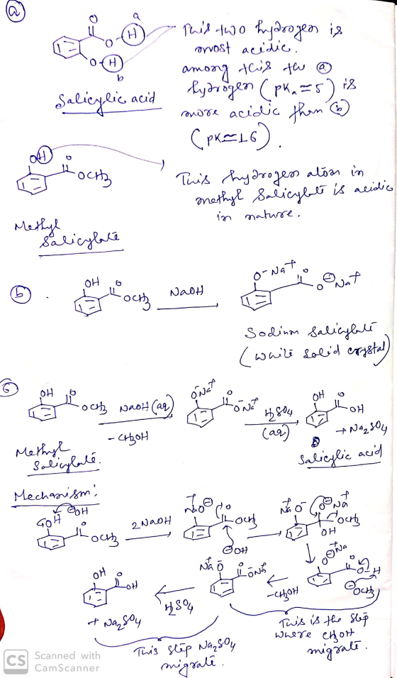 Salicylic acid - Phis two hydrogen is most acidic, among this the ® hydrogen (pka =5) is more acidic than ) (PR=16). This hyd