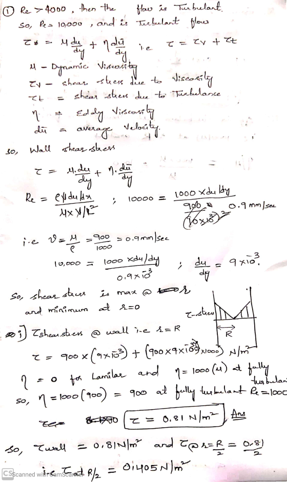 dy ☺ Re> 4000, then the flow is Turbeelart. so, Re= 10,000 , and is Turbulant flour To su duen + nalu je t= ty + Zt – Dynamic