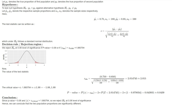 Let P1 denotes the true proportion of first population and P2 denotes the true proportion of second population Hypotheses : T