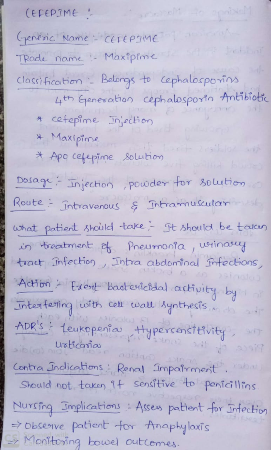 (EFERIME: Generic Name CEFEPTIMET Maxipime t Trade name: o Johtoni Classification : Belongs to Cephalosporins 4th Generation