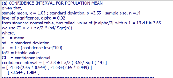 (a) CONFIDENCE INTERVAL FOR POPULATION MEAN given that, sample mean, x=-1.03 ; standard deviation, s =3.55 ; sample size, n =