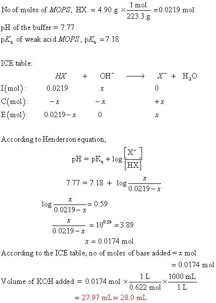 1 mol No of moles of MOPS, HX =0.0219 mol 4.90 g x- 223.3 g pH of the buffer = 7.77 pK of weak acid MOPS, pK 7.18 ICE table X