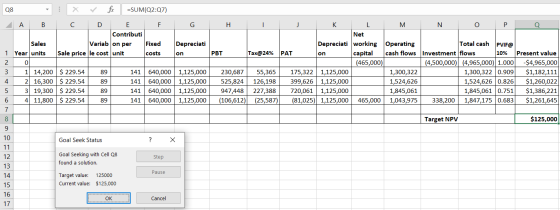 Q8 A B G : X V fix =SUM(Q2:07) C D E F Contributi Variab on per Fixed Sale price le cost unit costs Depreciati on Sales 1 Yea