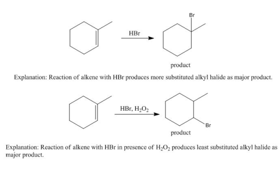 Br HBr product Explanation: Reaction of alkene with HBr produces more substituted alkyl halide as major product HBr, H2O2 Br