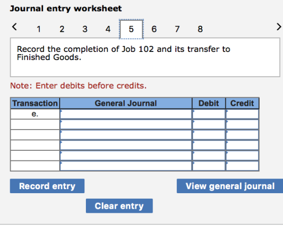 Journal entry worksheet < 1 2 3 4 5 6 7 8 > Record the completion of Job 102 and its transfer to Finished Goods. Note: Enter
