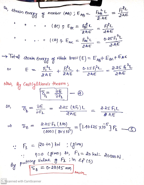 So, strain Energo FABL 24E u Pogle 24E 2AE 0.85632 2.AE u = Freže = LAE → Total strain Energy of or 1-0 (giren) 80, fi= 20 kN