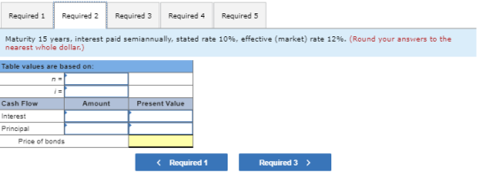Required 1 Required 2 Required 3 Required 4 Required 5 Maturity 15 years, interest paid semiannually, stated rate 10%, effect