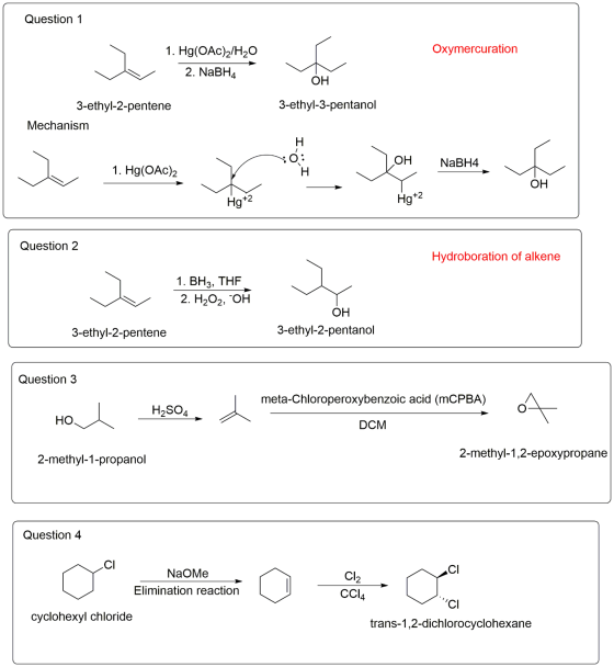 Question 1 1. Hg(OAC)2/H20 Oxymercuration 2. NaBH, OH 3-ethyl-3-pentanol 3-ethyl-2-pentene Mechanism H NaBH4 1. Hg(O OH Hg+2