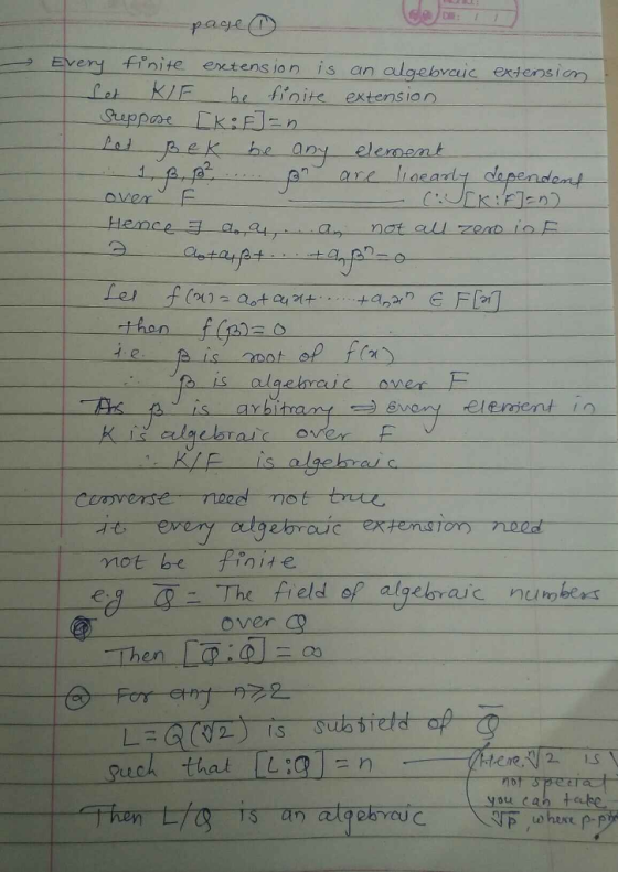 9 Even finite en tens ion is an alge bvcue extens-m KIF he ftoite extension eleroen 2. ver then (2 K is aloulsraic overF mot