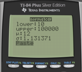TI-84 Plus Silver Edition TEXAS INSTRUMENTS orMalcdi lower: 10 UPPER: 100000 :12 : 1.131371 Paste STAT PLOT F1 TBLSET F2 FORM
