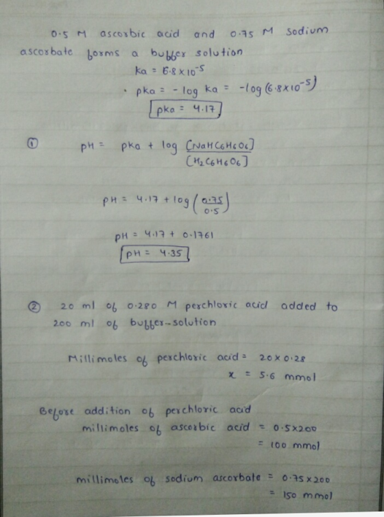 0.5 m ascorbic acid and 0.75 M Sodium ascorbate 108ms a bubbex Solution ka = 6.8*105 pka = -log ka = -log (6.8x10-5) [pka = 4